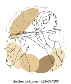 Silhouette of a beautiful woman with a flute and a leaf of a plant in a modern continuous line style. Flutist, slender. Outline decor, posters, stickers, logo. Vector illustration.