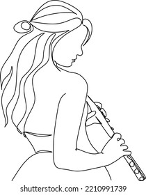 Silhouette beautiful woman and flute in modern continuous line style  Flute girl  slender  Continuous line drawing  decor aesthetic outline  posters  stickers  logo  Vector illustration 