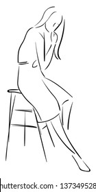 The silhouette of a beautiful woman in free hair is seated on a chair with her chin leaning on her right-hand looks with surprise vector color drawing or illustration 