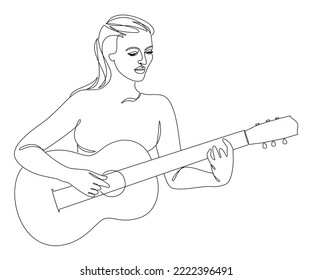 Silhouette of a beautiful woman with a guitar in a modern continuous line style. Girl guitarist, slender. Continuous line drawing, decor aesthetic outline, posters, stickers, logo. Vector illustration