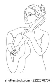 Silhouette of a beautiful woman with a guitar in a modern continuous line style. Girl guitarist, slender. Continuous line drawing, decor aesthetic outline, posters, stickers, logo. Vector illustration