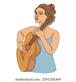 Silhouette of a beautiful woman with a guitar in a modern continuous line style. Girl guitarist, slender. Continuous line drawing, decor outline, posters, stickers, logo. Vector illustration.