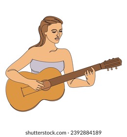 Silhouette of a beautiful woman with a guitar in a modern continuous line style. Girl guitarist, slender. Continuous line drawing, decor outline, posters, stickers, logo. Vector illustration