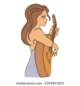 Silhouette of a beautiful woman with a guitar in a modern continuous line style. Girl guitarist, slender. Continuous line drawing, decor outline, posters, stickers, logo. Vector illustration