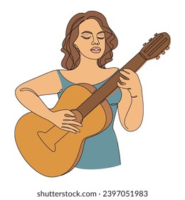 Silhouette of a beautiful woman with a guitar in a modern continuous line style. Girl guitarist, slender. Continuous line drawing, decor outline, posters, stickers, logo. Vector illustration