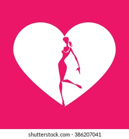 silhouette of a beautiful woman in a heart on a pink background.