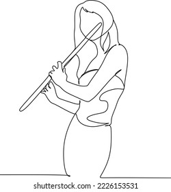 Silhouette of a beautiful woman playing the flute in continuous modern style. Aesthetic decor sketches, posters, stickers, logo. set of vector illustrations.