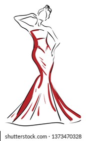 A silhouette of a beautiful woman in red-colored maxi gives a pose by raising her right hand close to her ears vector color drawing or illustration 