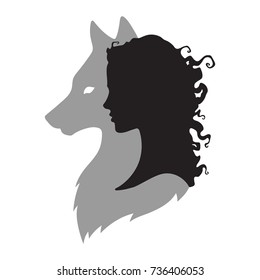 Silhouette of beautiful woman with shadow of wolf isolated. Sticker, print or tattoo design vector illustration. Pagan totem, wiccan familiar spirit art.