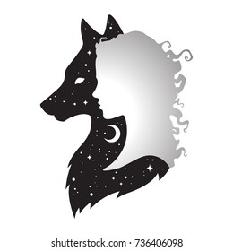 Silhouette of beautiful woman with shadow of wolf with crescent moon and stars isolated. Sticker, print or tattoo design vector illustration. Pagan totem, wiccan familiar spirit art