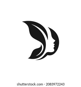 Silhouette of Beautiful Woman's Face, Butterfly and Natural Leaves,Symbols of Beauty and Care Logo Design Inspiration