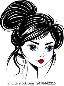 Silhouette of a Beautiful woman's face with hairstyle and makeup with red lips. Vector illustration.