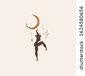 Silhouette of beautiful young dancind witch silhouette with Moon and stars. Woman power, feminism print. Girl freedom concept. Vector illustration. Clipart image.