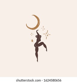 Silhouette of beautiful young dancind witch silhouette with Moon and stars. Woman power, feminism print. Girl freedom concept. Vector illustration. Clipart image.