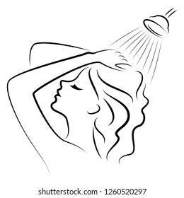 Silhouette of a beautiful young lady. The girl washes under the shower water. A woman washes her hair, her head with shampoo. Vector illustration. - Shutterstock ID 1260520297