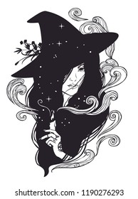 Silhouette of beautiful young witch with candle. Vector illustration