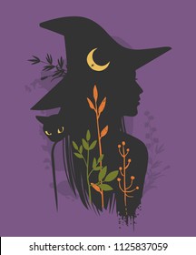 Silhouette beautiful young witch and moon   wild herbs  Vector illustration