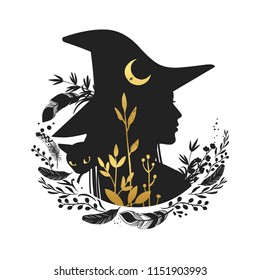 Silhouette beautiful young witch and moon   wild herbs  Vector illustration