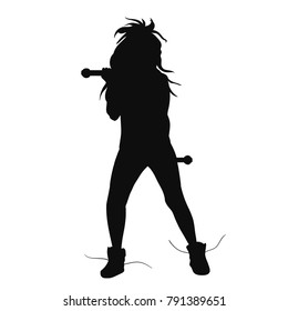 Silhouette of beautiful young woman dancing with zumba sticks. Isolated on white, zumba fitness vector illustration.