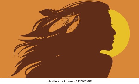 Silhouette of beautiful young woman with feathers in her flowing hair. Vector hand drawn illustration