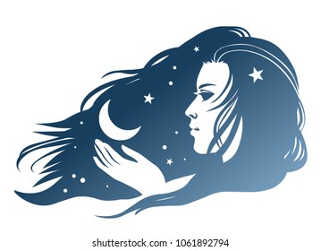 Silhouette of beautiful young woman with flowing hair and moon in her hand. Vector hand drawn illustration