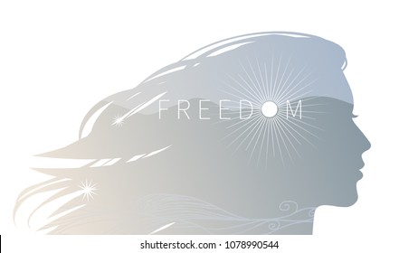 Silhouette of beautiful young woman with flowing hair. Vector hand drawn illustration