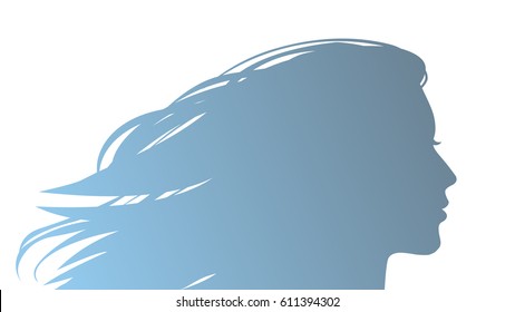 Silhouette of beautiful young woman with flowing hair. Vector hand drawn illustration