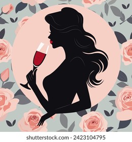 Silhouette of a beautiful young woman with a glass of wine on a floral background. Greeting card for Women's Day.