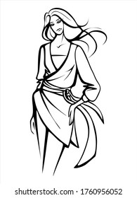 The silhouette of a beautiful young woman with long hair. Vector black-white image. Fashion, style, beauty.