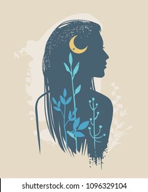 Silhouette of beautiful young woman with moon and wild herbs. Vector illustration