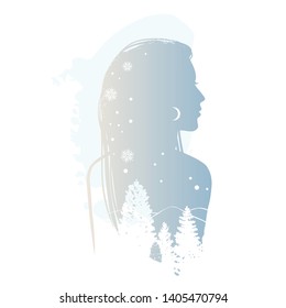 Silhouette of a beautiful young woman with moon and spruce trees. Vector illustration