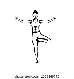 Silhouette schöne junge Frau Yogalehrer tun vrikshasana auf einer Matte. Das junge Mädchen macht Yoga. Meditationskonzept. Entspannung und Erholung. Gesunder Lebensstil. Flaches Design, Vektorgrafik.