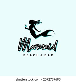 Silhouette Beautifull Mermaid with drink glass for Cafe Bar Logo design