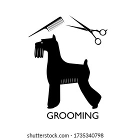 La silueta de un perro bellamente adornado, aterrador. Comb y tijeras - el concepto de grooming, cuidado de mascotas. Vector