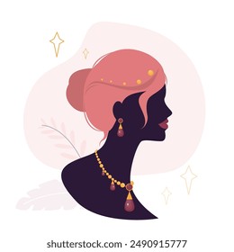 Silhouette of beauty girl head with charming necklaces and earrings on white background. Beautiful woman with hairstyle and various jewelry. Image for jewelry brochures and flyers or logo. flat vector