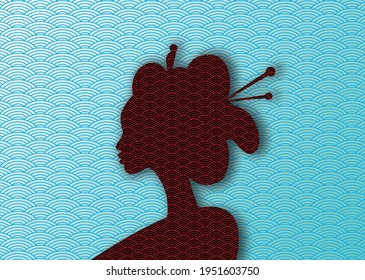 silhouette of the beauty Japanese woman, ancient hairstyle. Geisha, maiko, princess. Traditional Asian woman style. Print, poster, t-shirt, card. Vector isolated on japanese pattern background