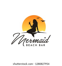 Silhouette Beauty Mermaid Woman with drink glass at Sunset Ocean Wave for Beach Cafe Bar Logo design