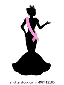 silhouette of a beauty queen in the crown, ribbon and evening dress