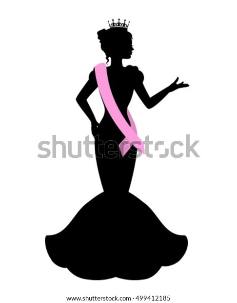 silhouette of a beauty queen in the crown, ribbon\
and evening dress