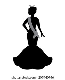 silhouette of a beauty queen wearing a crown and an evening dress