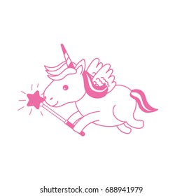 silhouette beauty unicorn with wings and magic wand