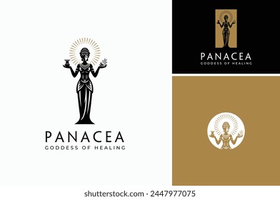 A silhouette of a beauty woman with pot cup and leaf. A sculpture of Panacea, goddess of healing pharmacy wellness logo design