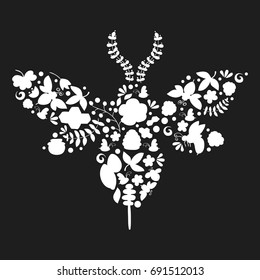 Silhouette of a bee lined with honey, bees and flowers. White on dark background