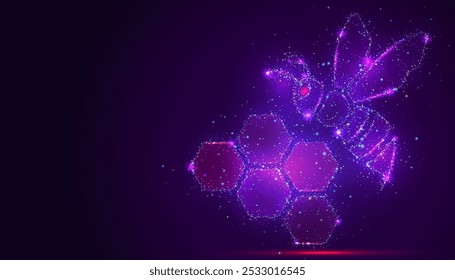 Silhouette of a bee made of glowing, multicolored dots, resembling stars. The vibrant particles form its wings and body, symbolizing nature, pollination, and the delicate balance of the ecosystem.