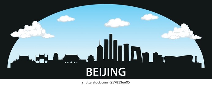 Silhouette of Beijing city against the sky with clouds.


