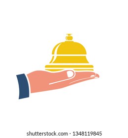 Silhouette bell icon holding in hand. Bell on reception for the hotel and hospital. Service object isolated on white background. Vector illustration flat design.