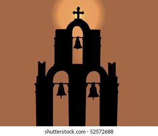 Silhouette of a bell tower against the orange sky