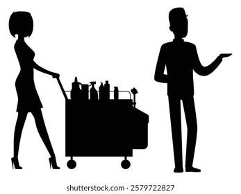 Silhouette of a Bellboy Pushing a Luggage Trolley at a Hotel