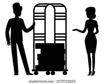 Silhouette of a Bellboy Pushing a Luggage Trolley at a Hotel