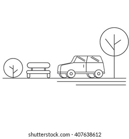 Silhouette of bench, trees and car.  Line Style. Vector